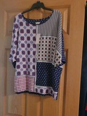Chico's Navy and Pink Patchwork Scoop Neck Tunic